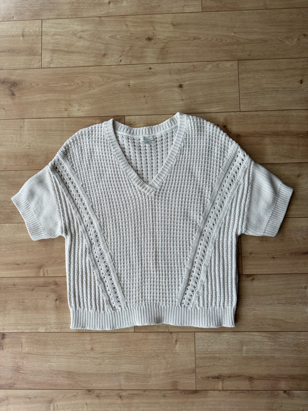Sundance White Cotton Chunky Knit Sweater V Neck Short Sleeve Cottage L Boho
